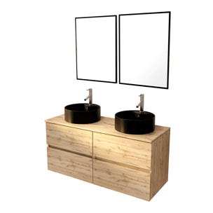 Meuble Salle de Bains 120cm 4 Tiroirs Chêne Naturel, 2 Vasques Noires Ø41cm et 2 Miroirs 55x75 cm