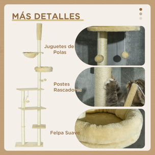 Árbol para Gatos de Suelo a Techo de 230-250 cm Árbol Rascador para Gatos con Altura Ajustable Múltiples Plataformas Cestos Hamaca Bolas Colgantes Beige