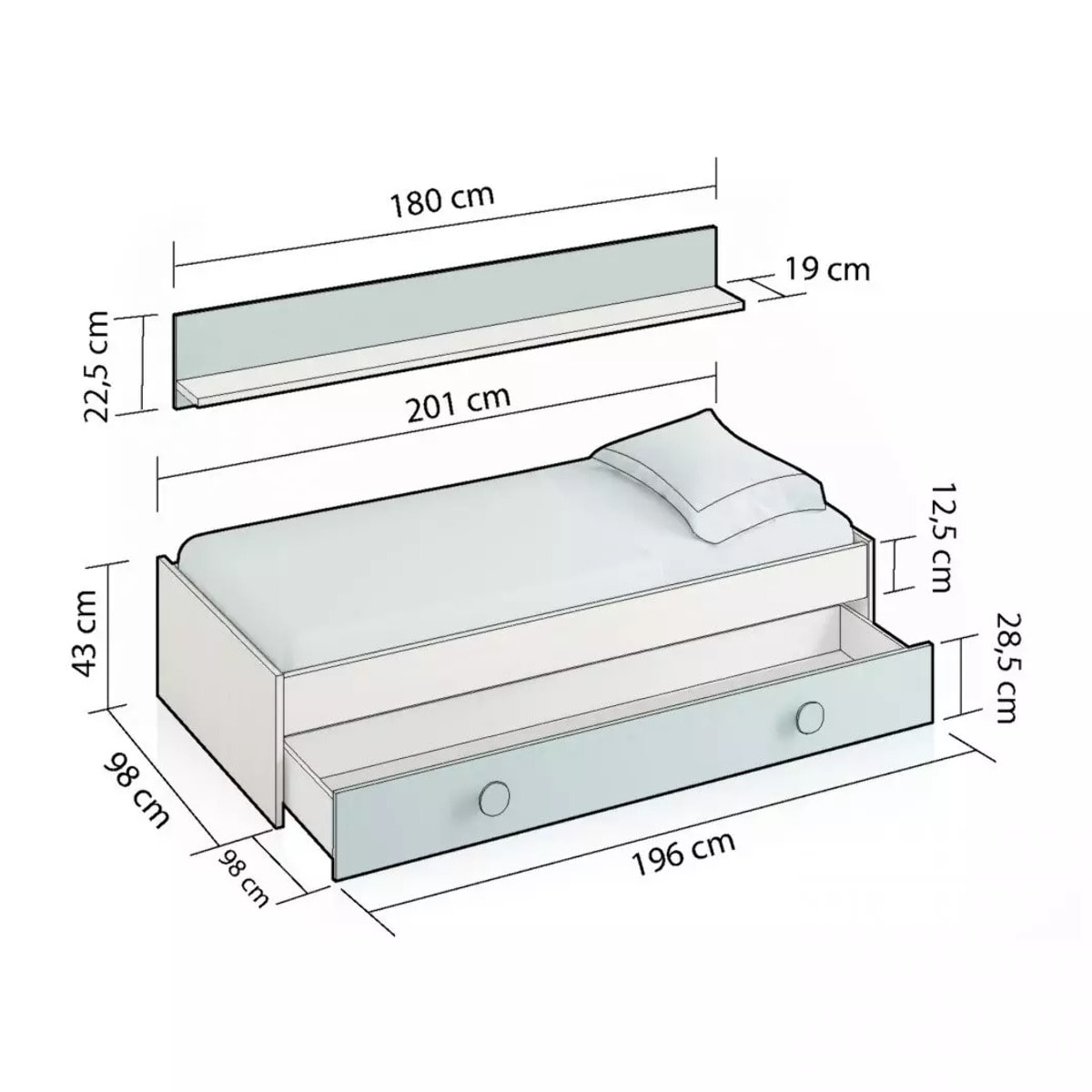Cama doble juvenil Yuki Blanco Alpes - Verde Acqua