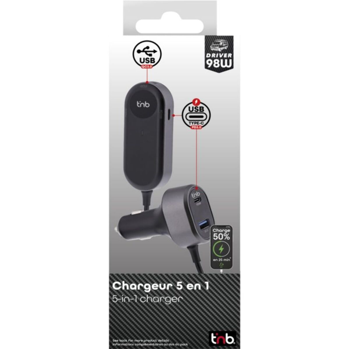 Chargeur allume cigare TNB 98W 2xUSB A et 3xUSB-C noir