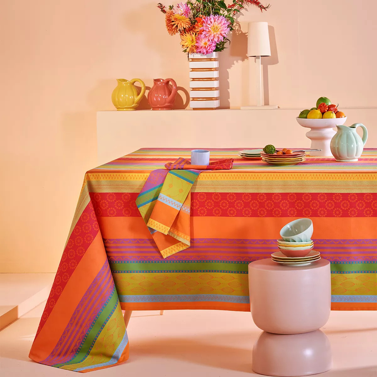 Nappe pur coton enduit motif jacquard vert orange Mille broderies samba