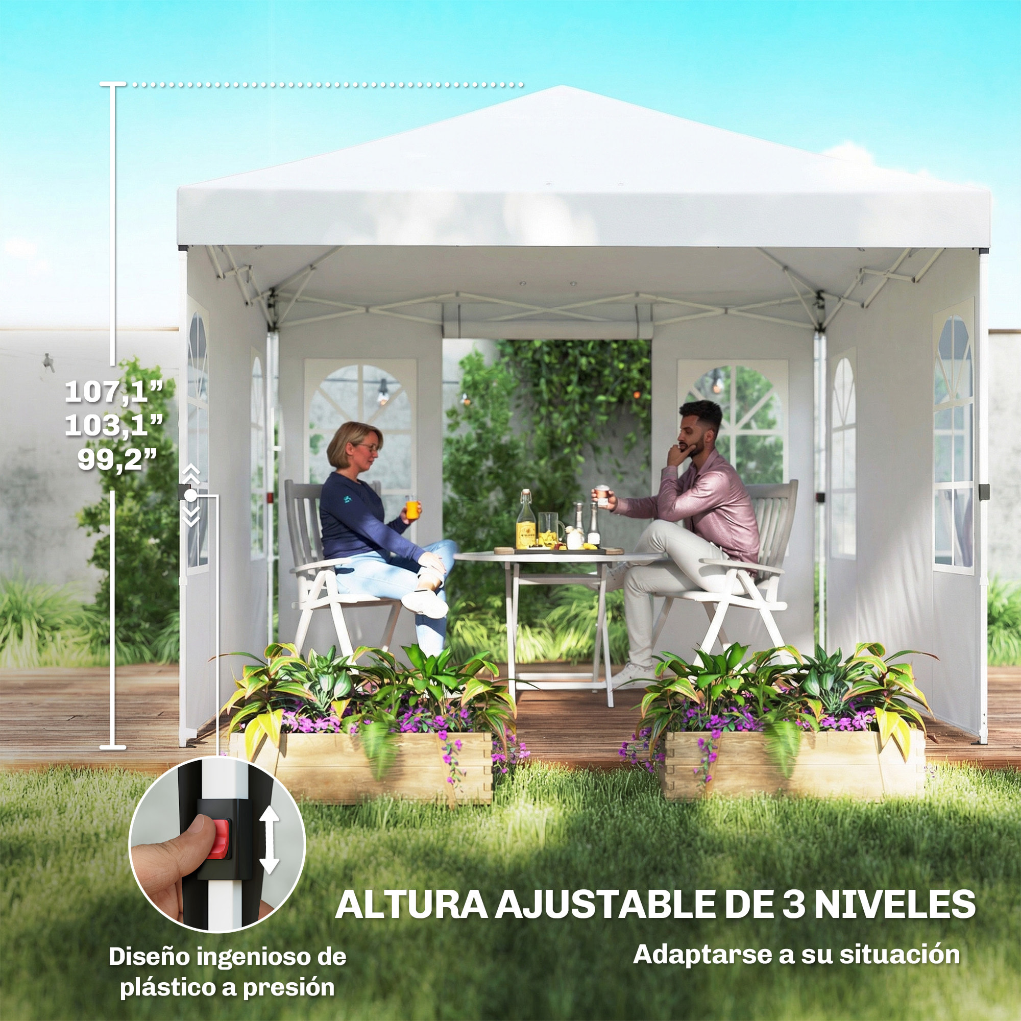 Carpa Plegable 3x3 m, Pop-up, con 4 Laterales Extraíbles, Cenador de Jardín con UPF50+, Bloqueo Central, Altura Ajustable, Bolsa de Transporte, Sacos Arena, Gazebo para Exterior, Blanco