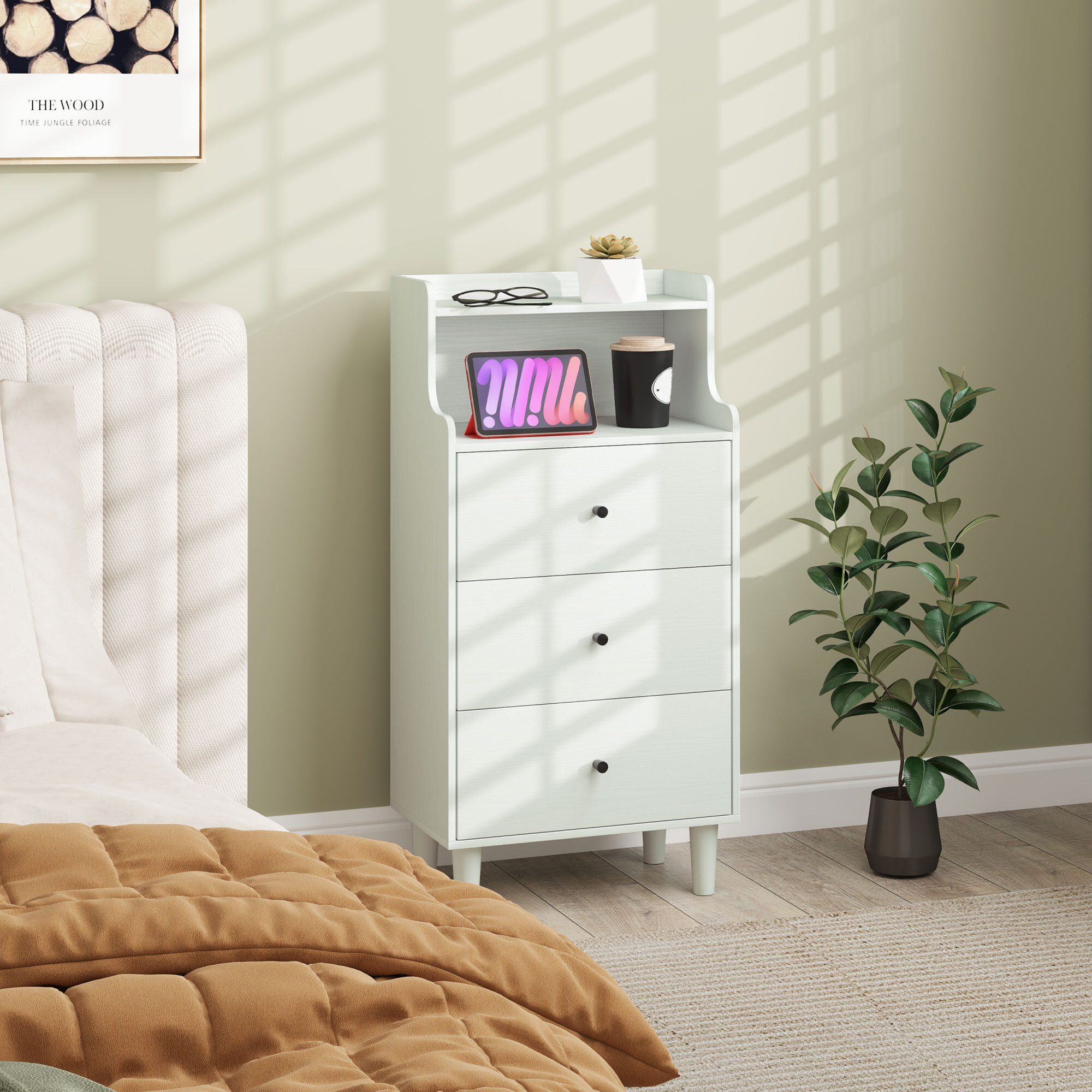 Cómoda con 3 Cajones Cómoda de Dormitorio Estrecha con Estantes Abiertos Anti-vuelco Cajonera Alta para Salón Pasillo 47x29x95 cm Blanco