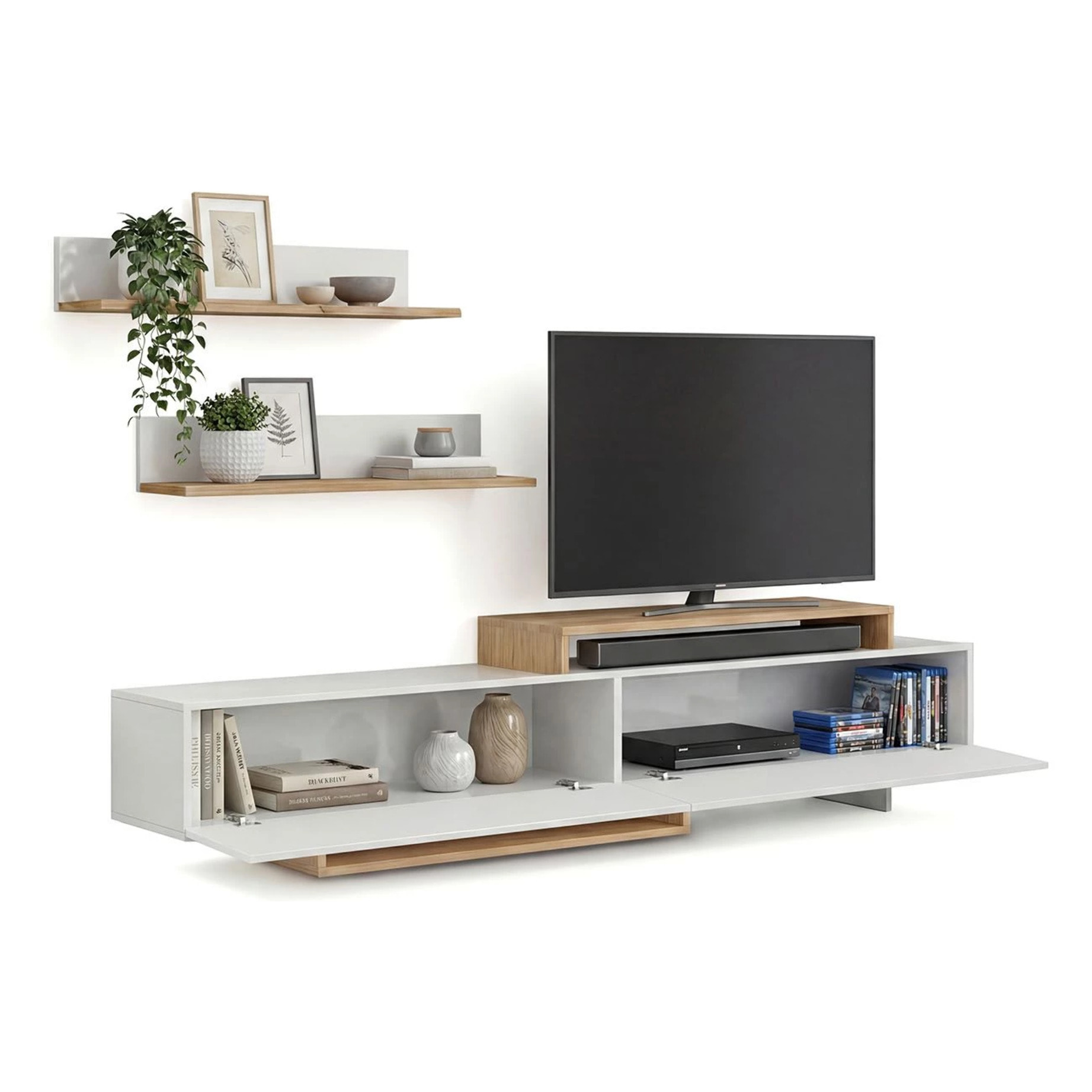 Salón con mueble TV y estanterías en blanco artik y alpino 200 cm Bender Blanco Artik (Blanco Mate) - Alpino