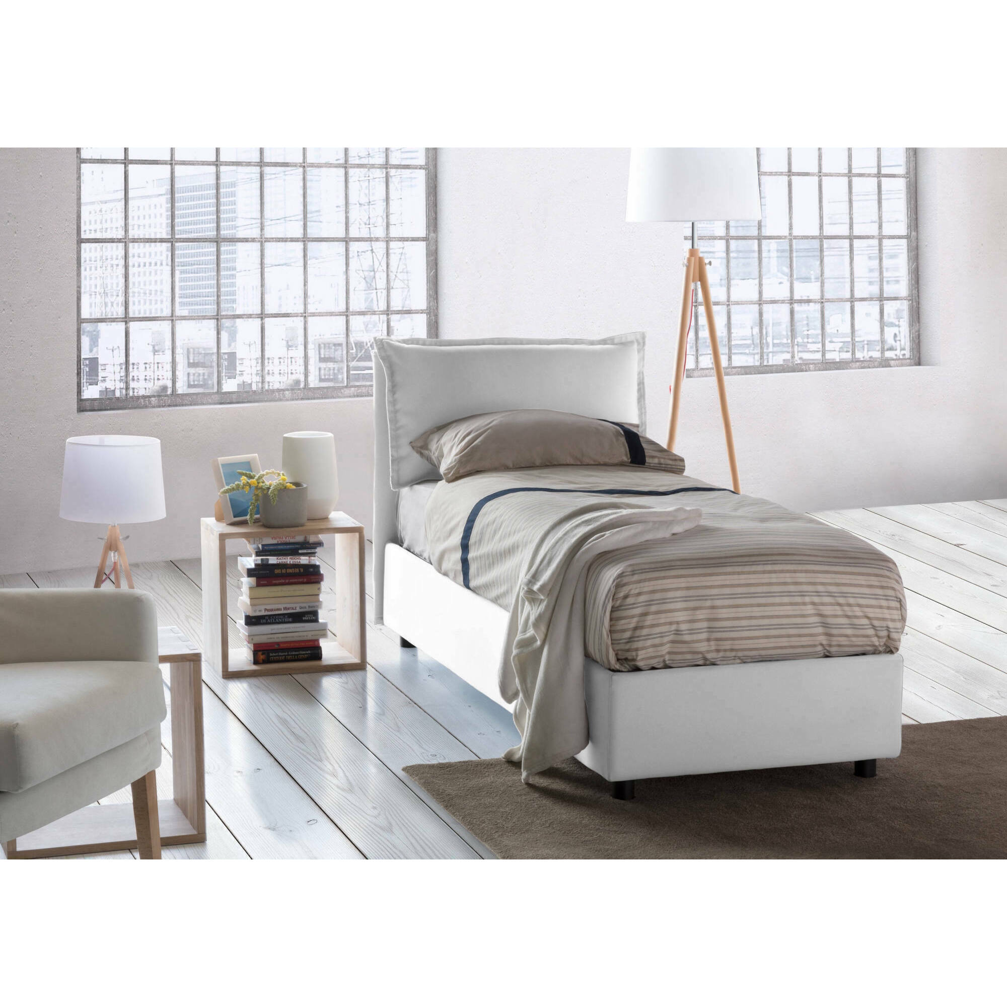 Letto singolo Aigor, Letto contenitore con rivestimento in tessuto, 100% Made in Italy, Apertura frontale, adatto per materasso Cm 90x190, Bianco