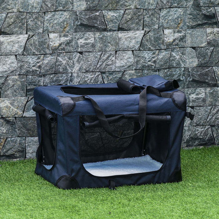 Transportín Perro Gato Bolsa de Transporte Portátil y Transpirable para Mascotas Plegable con Cojín 3 Puertas y Ventana de Malla 2 Bolsillos 60x41,5x41 cm Azul Oscuro