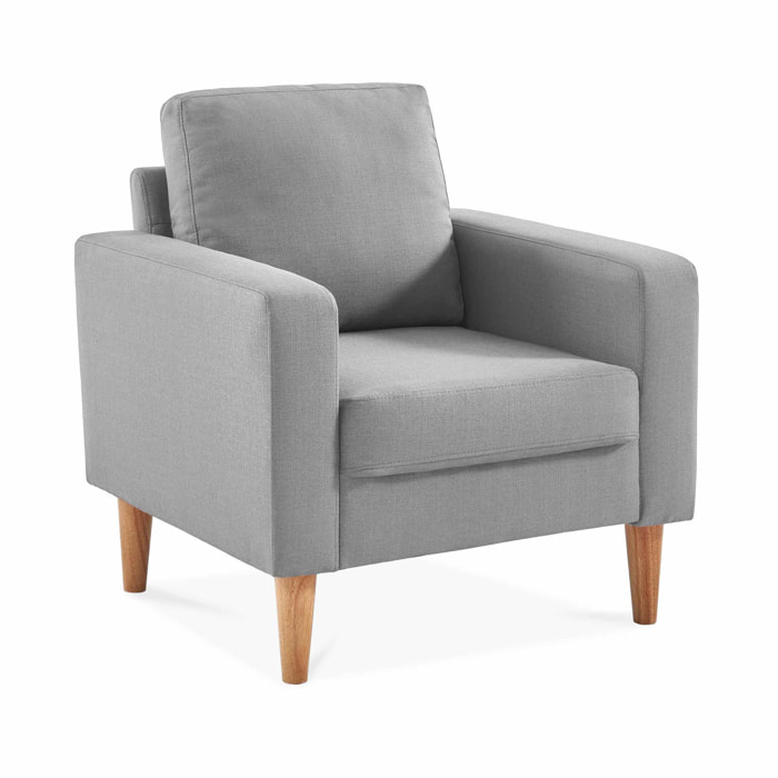 Fauteuil scandinave en tissu gris clair - Bjorn - Canapé 1 place fixe droit pieds bois