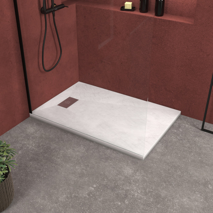 Receveur de douche Blanc Effet Pierre 80x120 cm et Grille décor Perforée en Inox