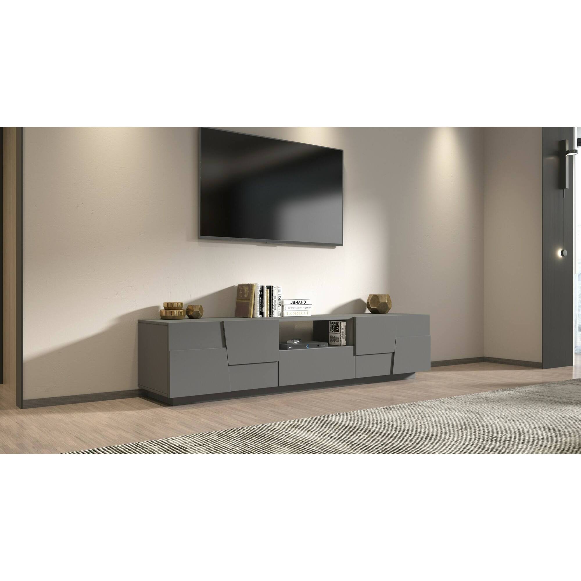 Mobile porta TV Dcortinovi, Credenza bassa da soggiorno con 4 ante e 1 cassetto, Base porta TV, 220x44h46 cm, Antracite