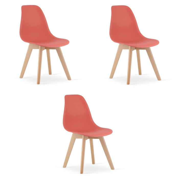 Set di 3 Sedie Kito in Corallo con Gambe in Legno di Faggio