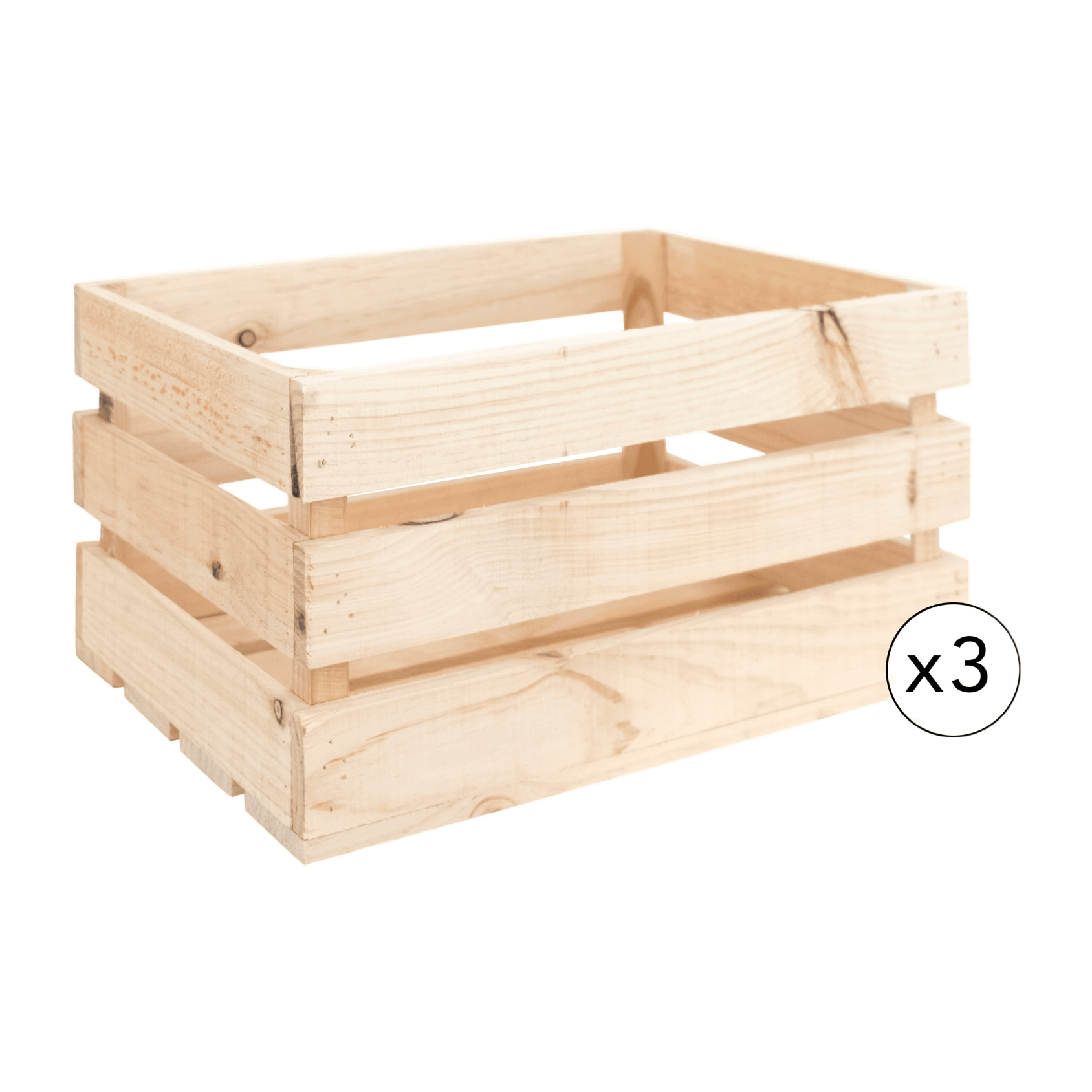 Pack de 3 cajas de madera maciza en tono natural grandes Alto: 25.5 Largo: 49 Ancho: 29.5