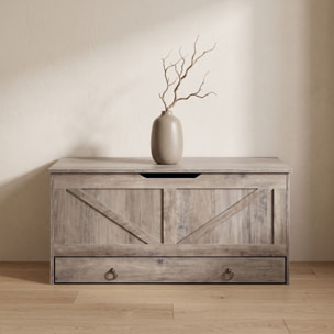 Kura - Cassapanca contenitore 100x50x40 cm Portaoggetti con Cerniere di Sicurezza e con Cassettiera in Legno Industrial
