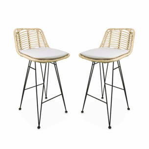 Deux tabourets de bar en rotin naturel et métal. coussins beiges - Cahya