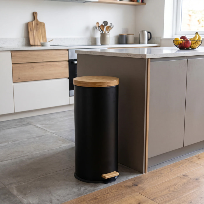 Poubelle bois de cuisine à pédale 30L  FOREST Noir en acier Inox couvercle en bambou avec seau