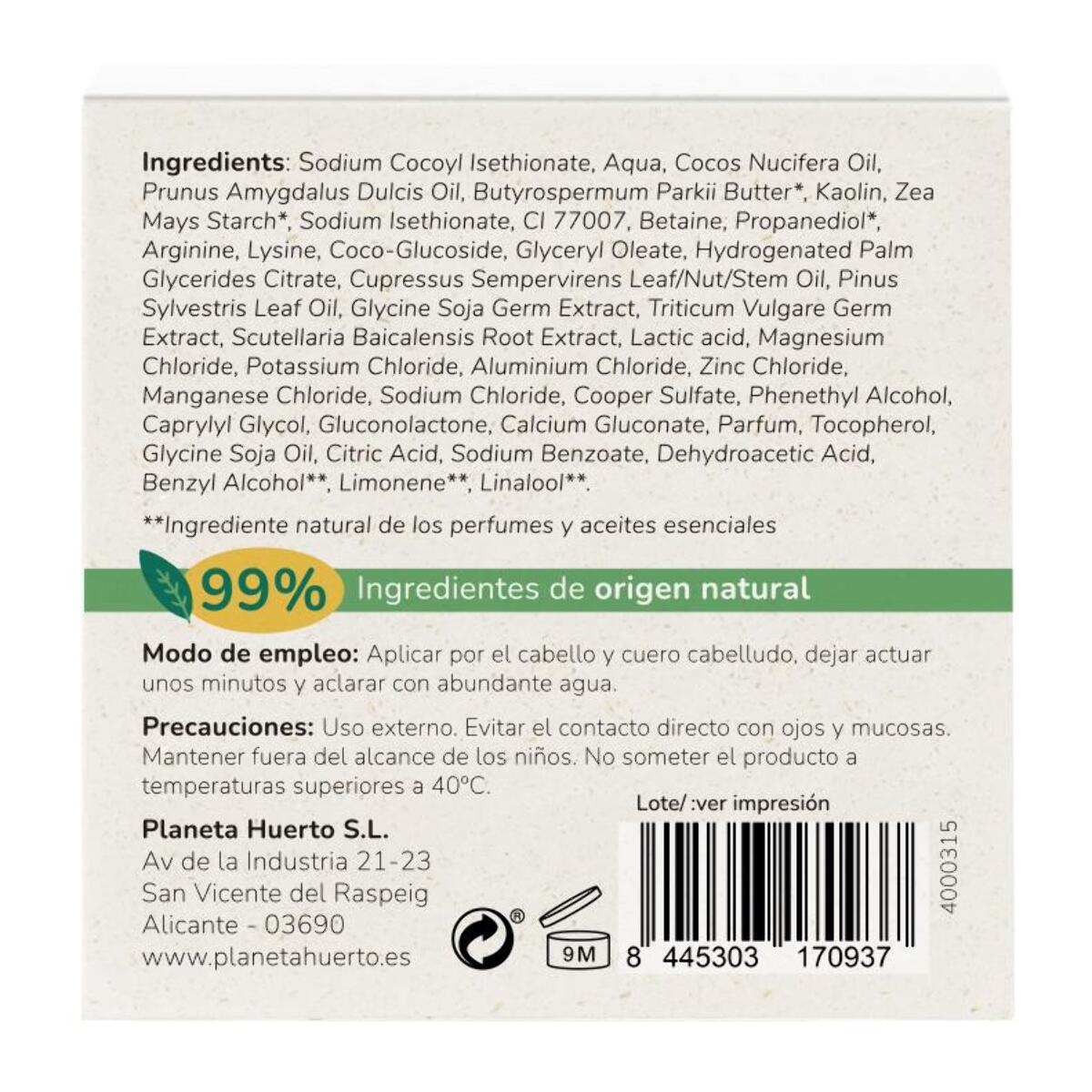 PLANETA HUERTO | Champú Sólido Fortalecedor con Aminoácidos 85 gr - Repara y Fortalece el Cabello