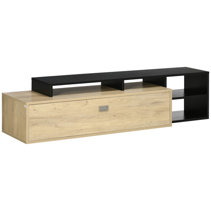 Meuble TV réversible design contemporain porte abattante 2 compartiments 4 niches MDF aspect chêne clair noir