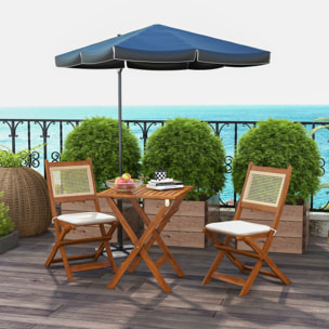 Ensemble bistro de jardin style exotique 2 places 3 pcs pliables bois acacia résine aspect rotin coussins blanc inclus