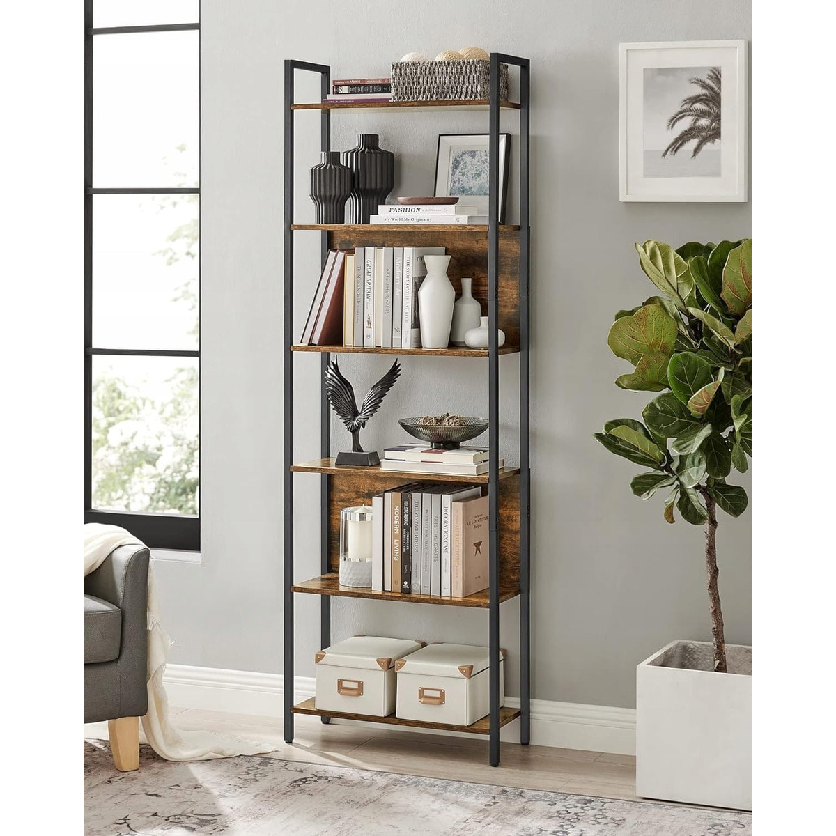 Libreria Industrial Loft a 6 Ripiani in Legno e Acciaio