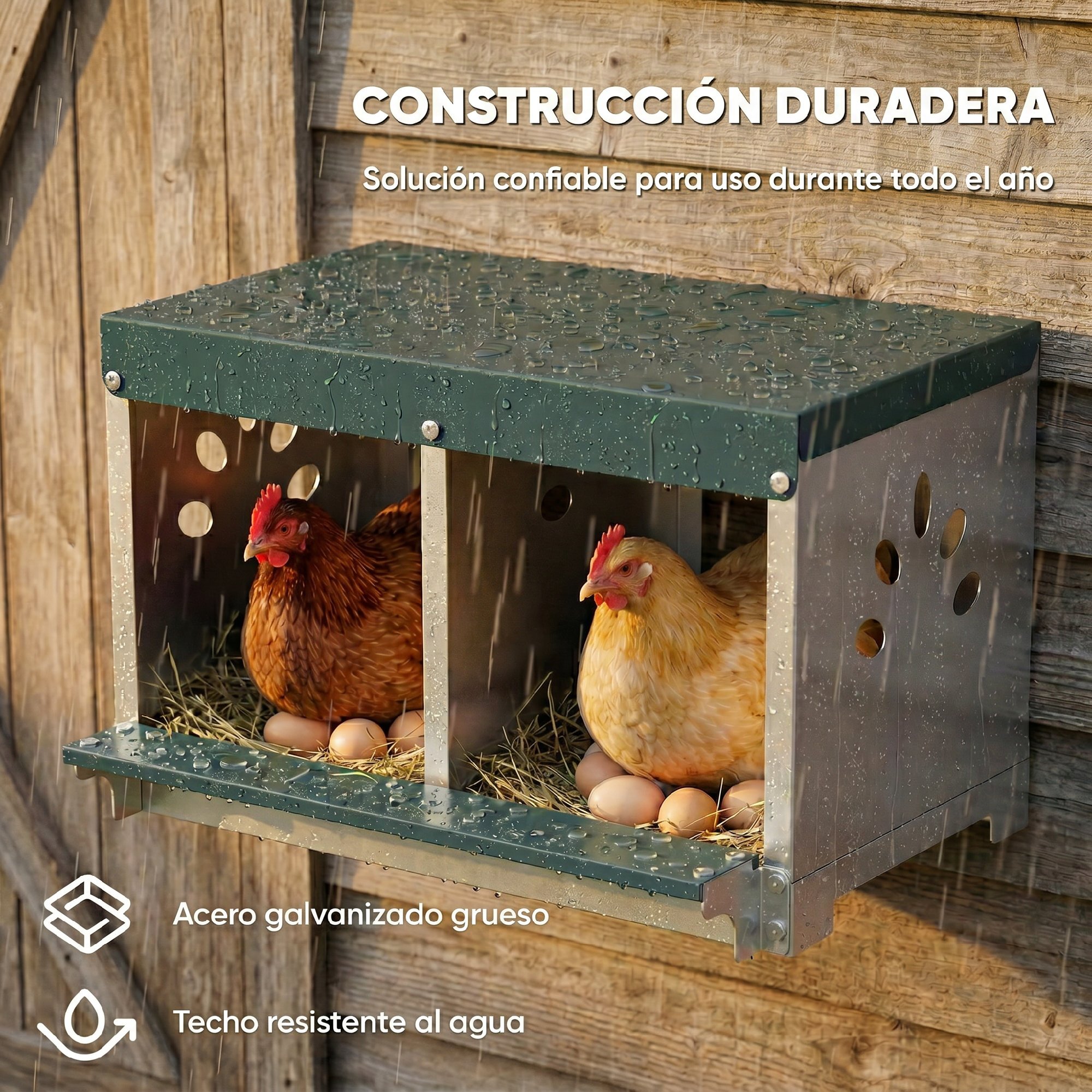Ponedero para Gallinas de Acero Galvanizado con 2 Huecos, Caja Nido para 2 Gallinas con Techo Impermeable y Ventilación, para Recoger los Huevos más Limpios, Plateado y Verde