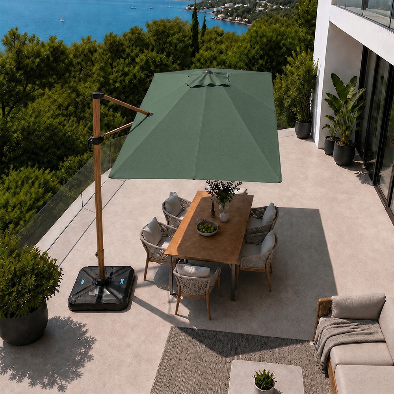 Parasol rectangulaire 2x3m déporté rotatif vert structure effet bois OTA