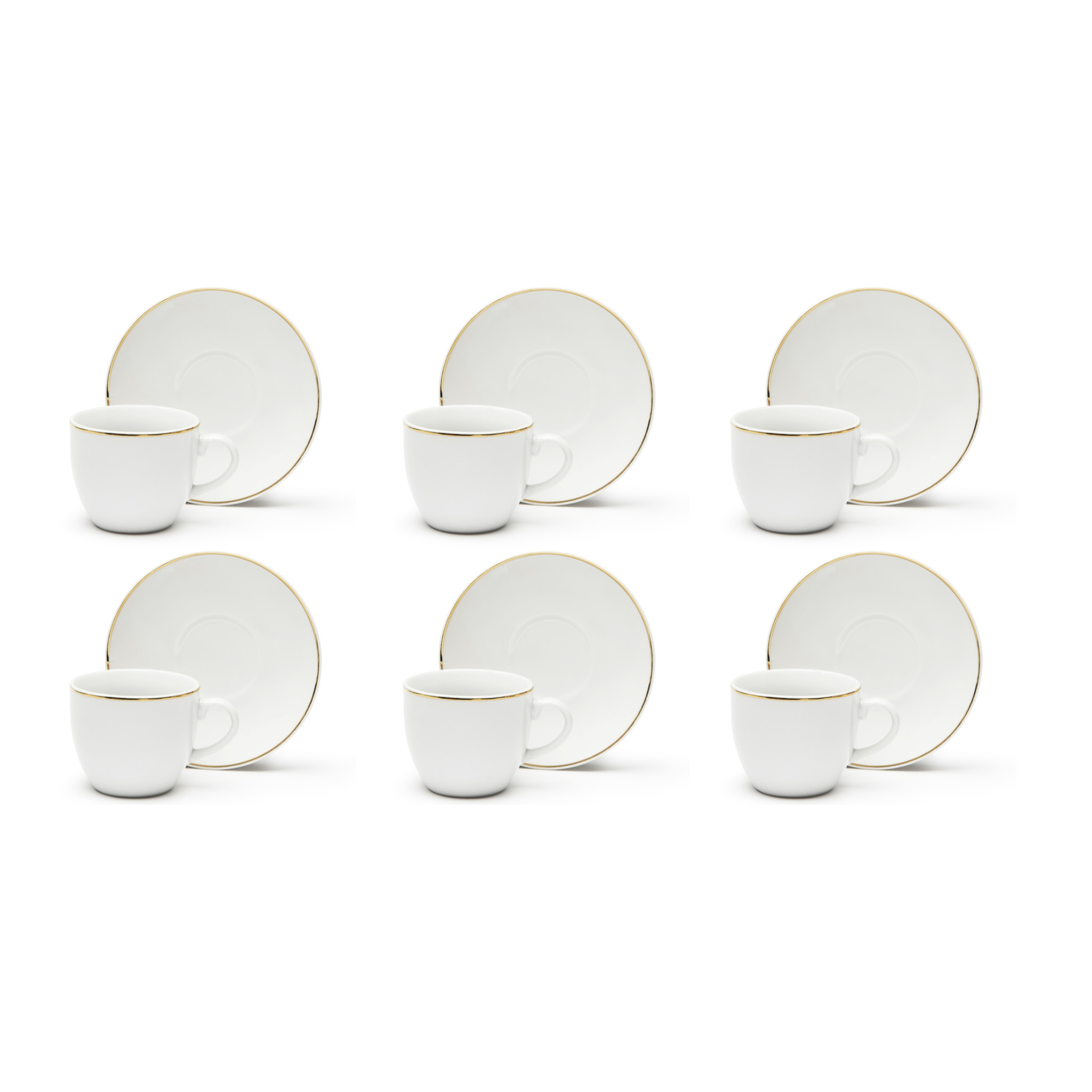Set 6 Tazzine Caffè con Piattini Excelsa – Gold, Porcellana Bianca con Filo Oro