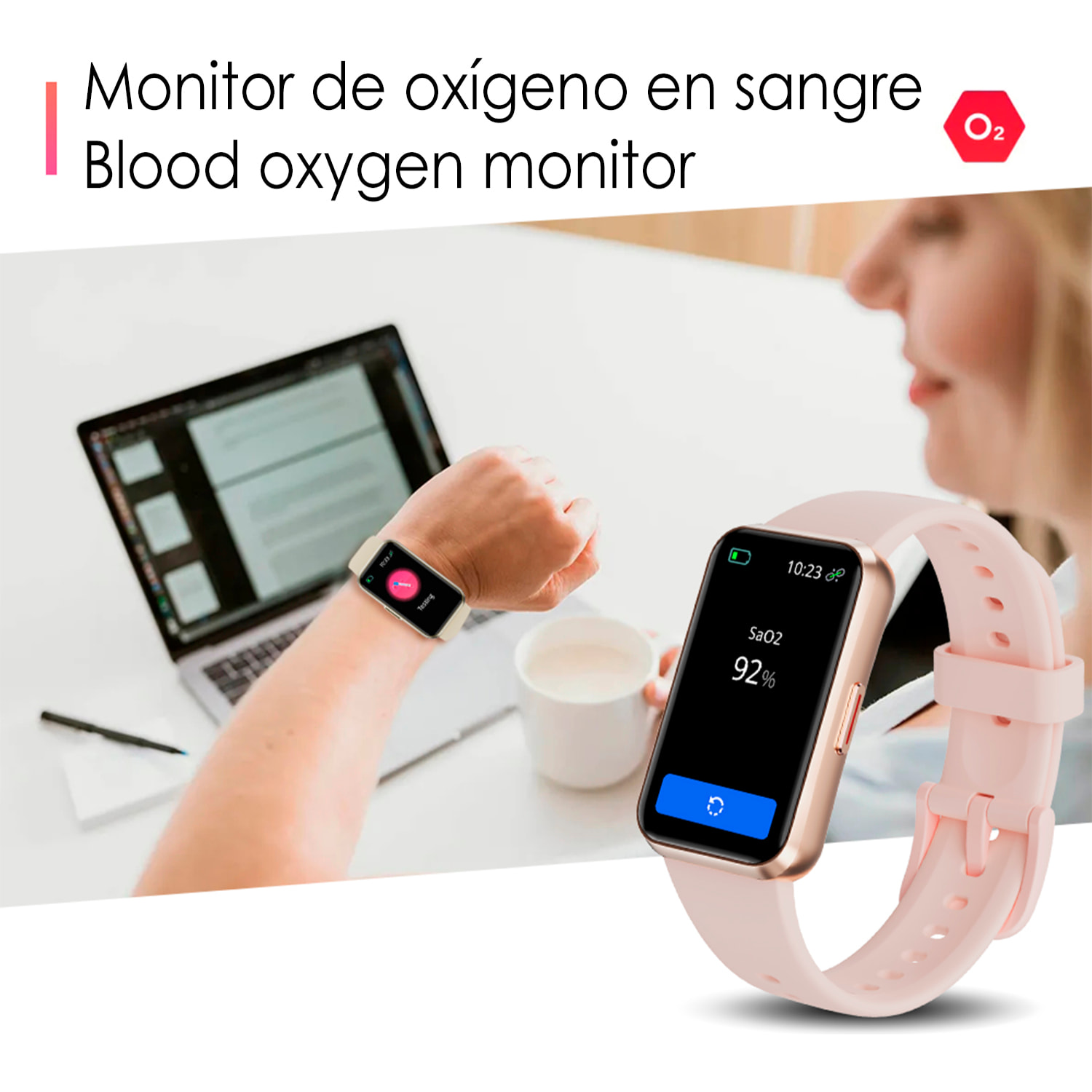 Braccialetto intelligente T54B con monitor della pressione e O2. Vari modelli sportivi, notifiche delle app.