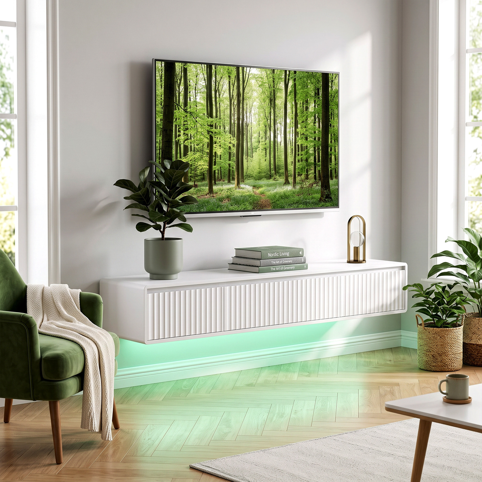 Meuble TV design suspendu flottant LED station charge intégrée blanc
