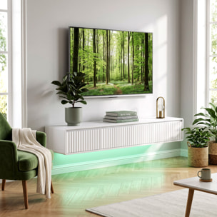Meuble TV design suspendu flottant LED station charge intégrée blanc