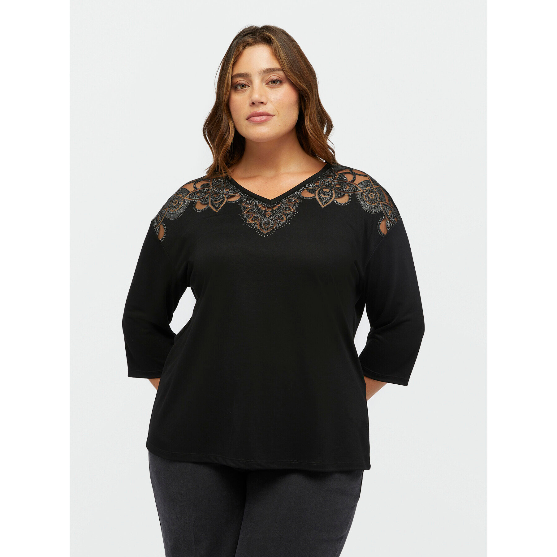 Fiorella Rubino - Camiseta devoré con dibujo floral - Negro