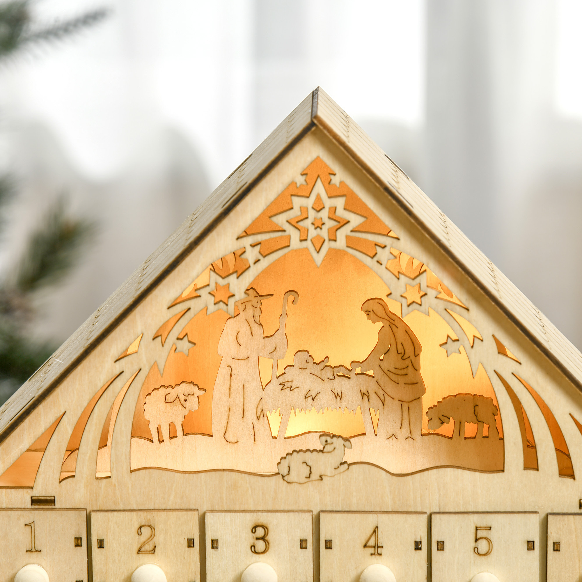 Calendrier de l'Avent en bois décoration de crèche de Noël - 24 tiroirs - naturel