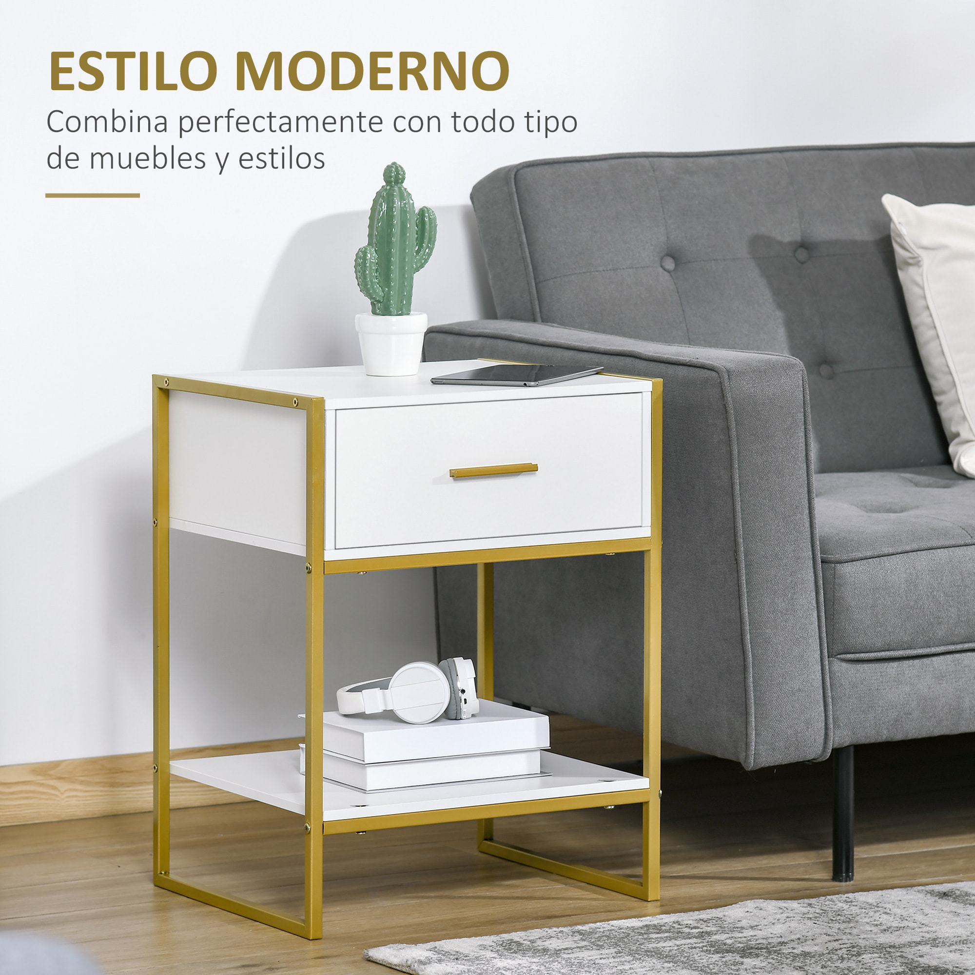 Conjunto de 2 Mesitas de Noche Mesas Auxiliares con 1 Cajón y Estante de Almacenamiento para Dormitorio Salón Oficina Estilo Moderno 45x40x60 cm Blanco