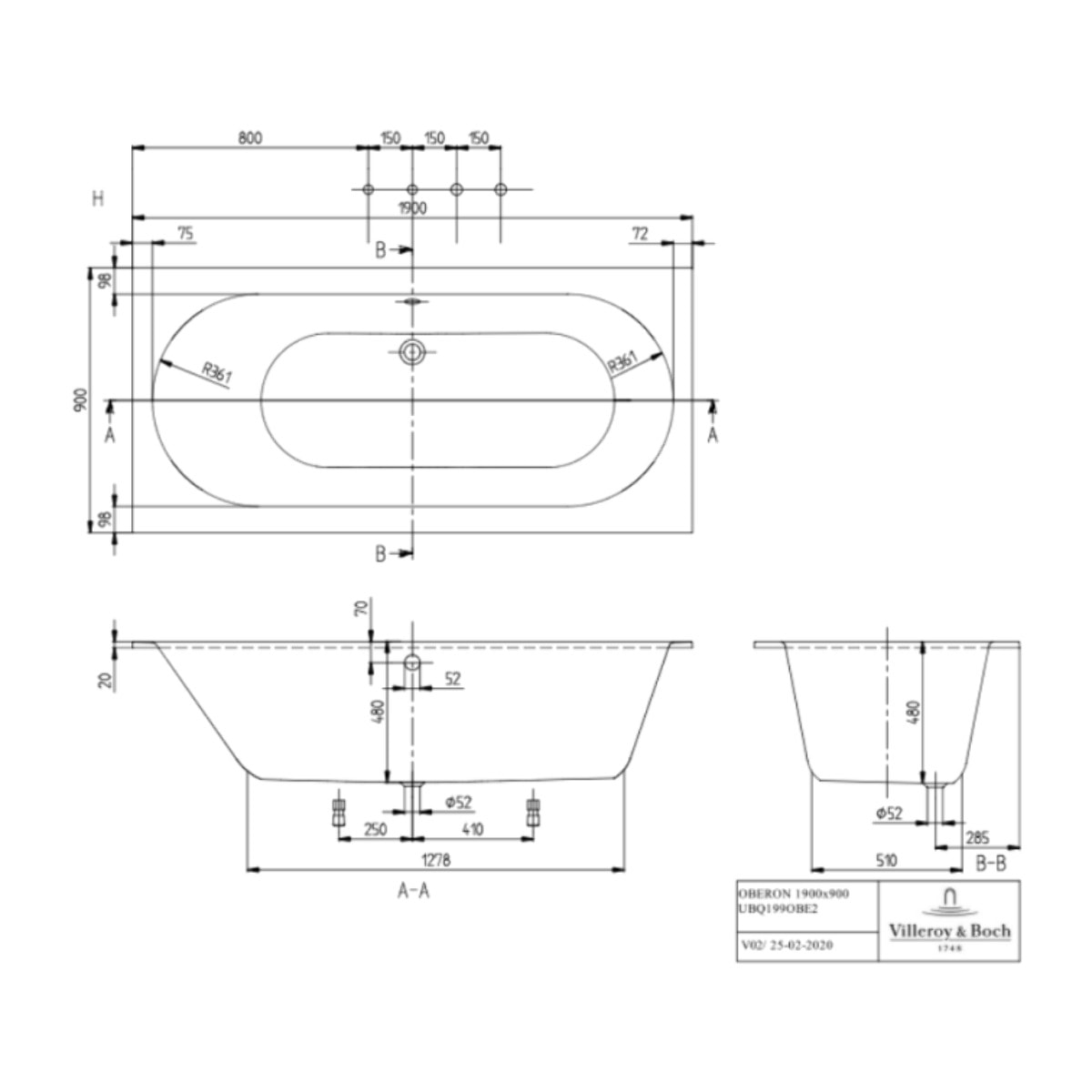 Baignoire droite Oberon quaryl 190 x 90 cm  + Pare bain droite AURYS Raywall Noir mat