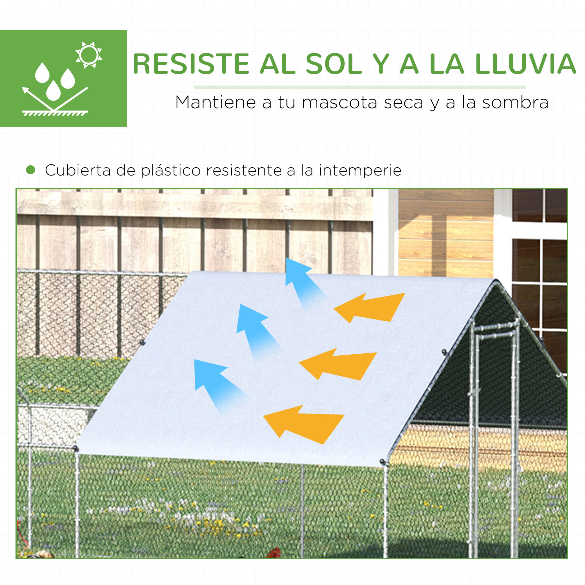 Conjunto de 1 Gallinero de Madera con 2 Nidos Bandeja Extraíble 150x100x96,5 cm y 1 Gallinero para Exterior Grande de Acero Galvanizado 3x8x2 m