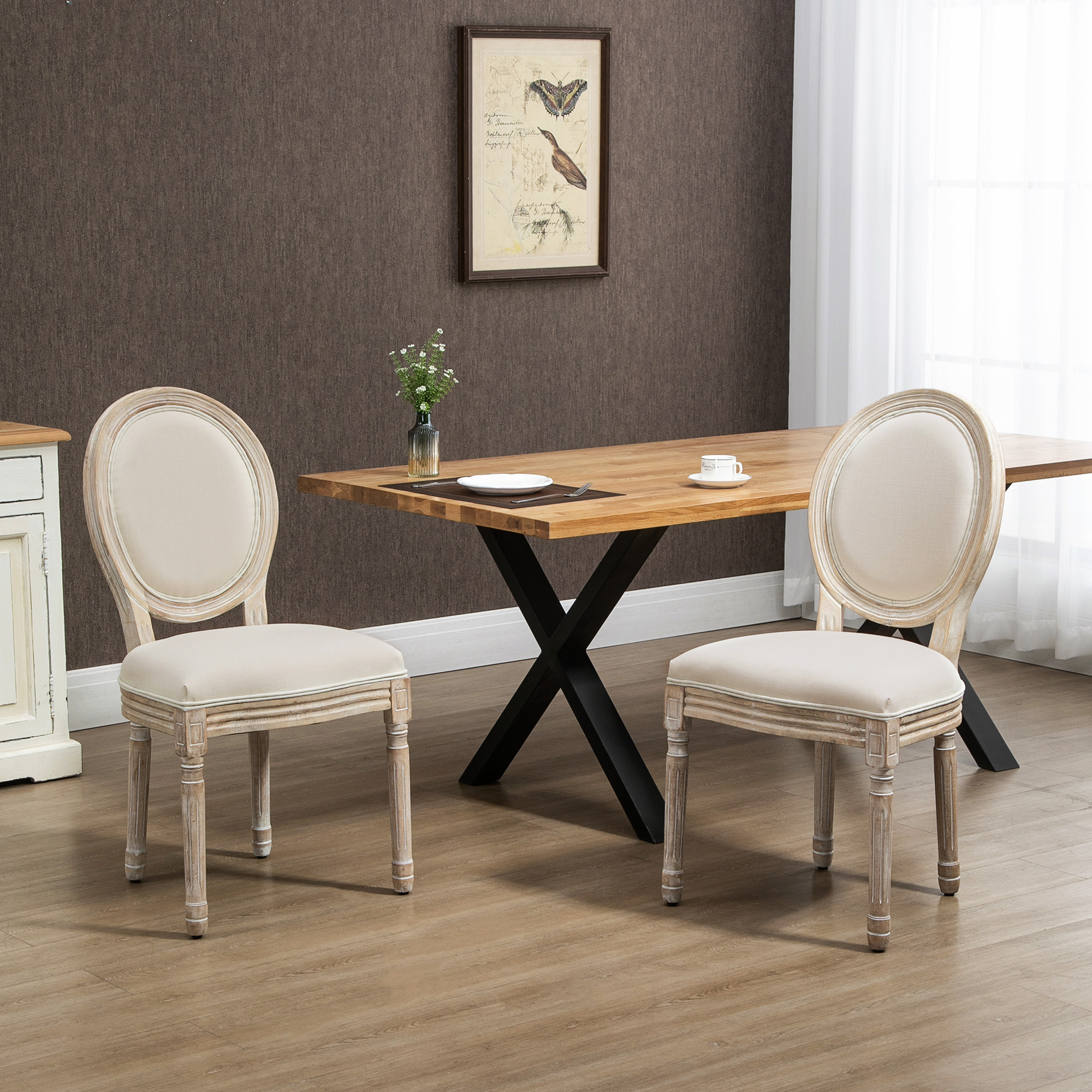Lot de 2 chaises de salle à manger - chaise de salon médaillon style Louis XVI - bois massif sculpté, patiné - aspect lin beige