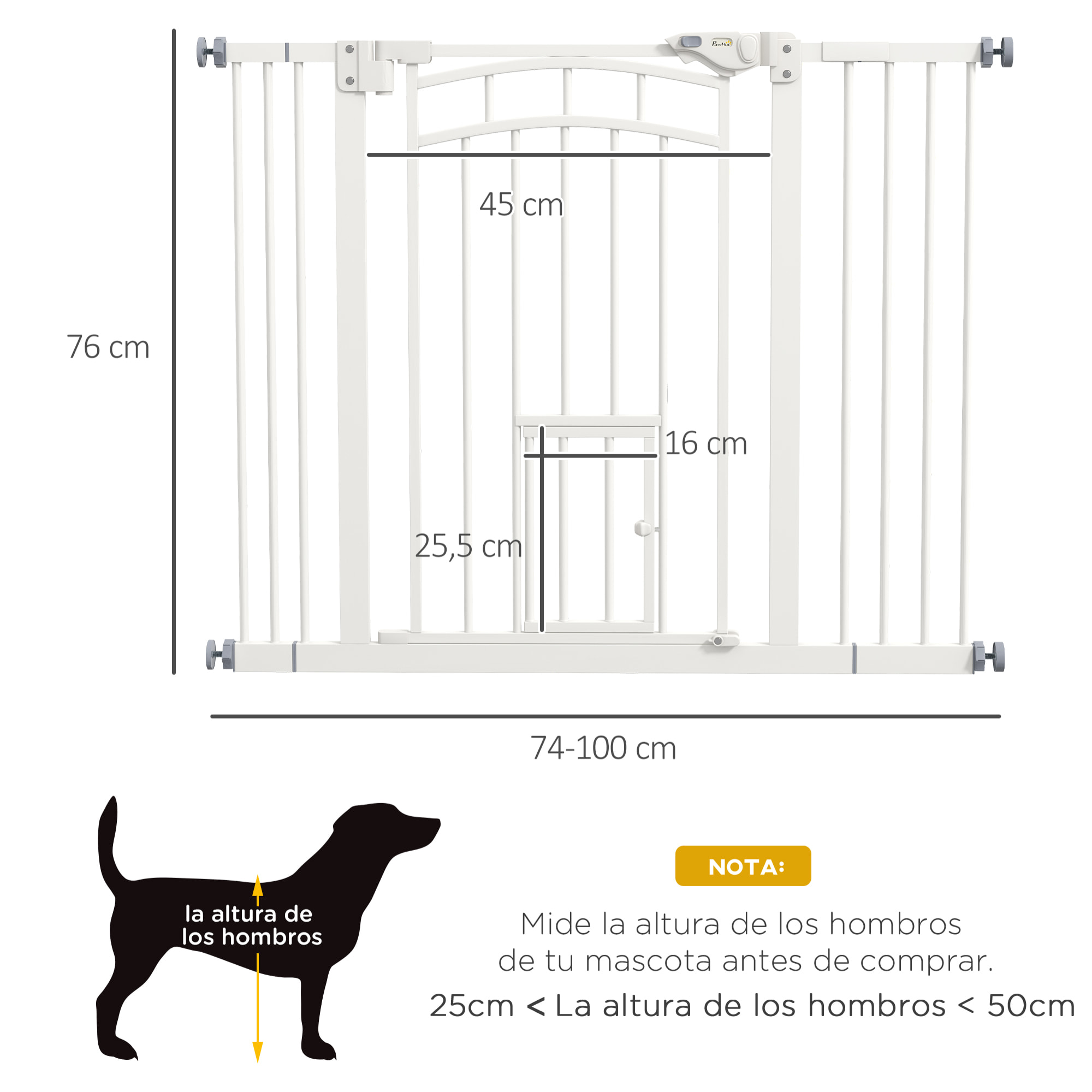 Barrera de Seguridad para Perros Extensible 74-100 cm, para Puertas y Escaleras, Puerta de Seguridad para Mascotas, con Montaje a Presión y Doble Bloqueo, Blanco