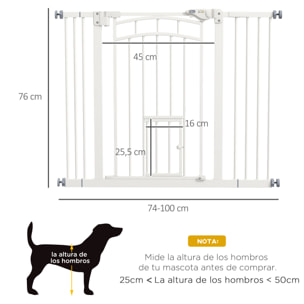 Barrera de Seguridad para Perros Extensible 74-100 cm, para Puertas y Escaleras, Puerta de Seguridad para Mascotas, con Montaje a Presión y Doble Bloqueo, Blanco