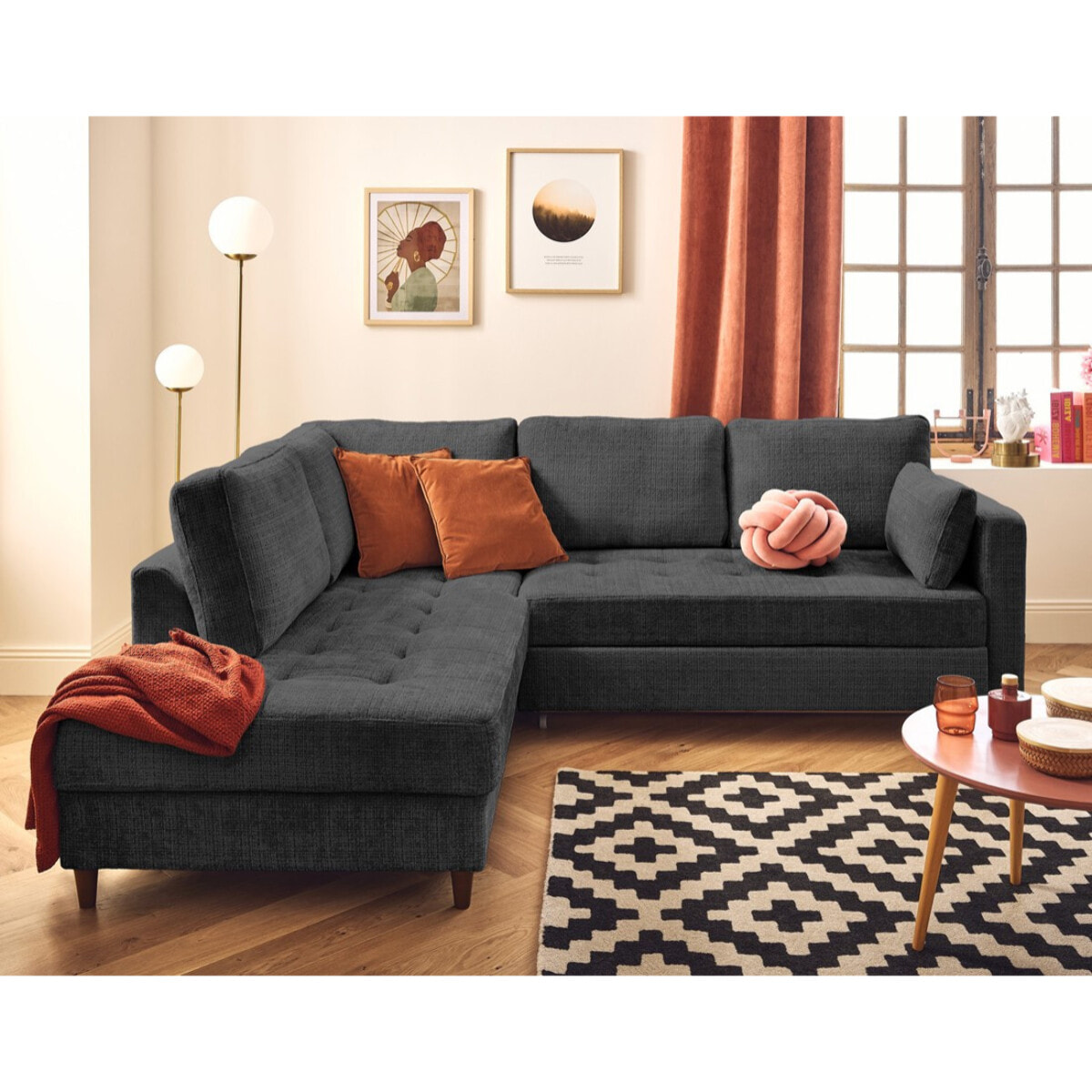 Anna - canapé d'angle gauche 5 places convertible en velours texturé - Gris Anthracite