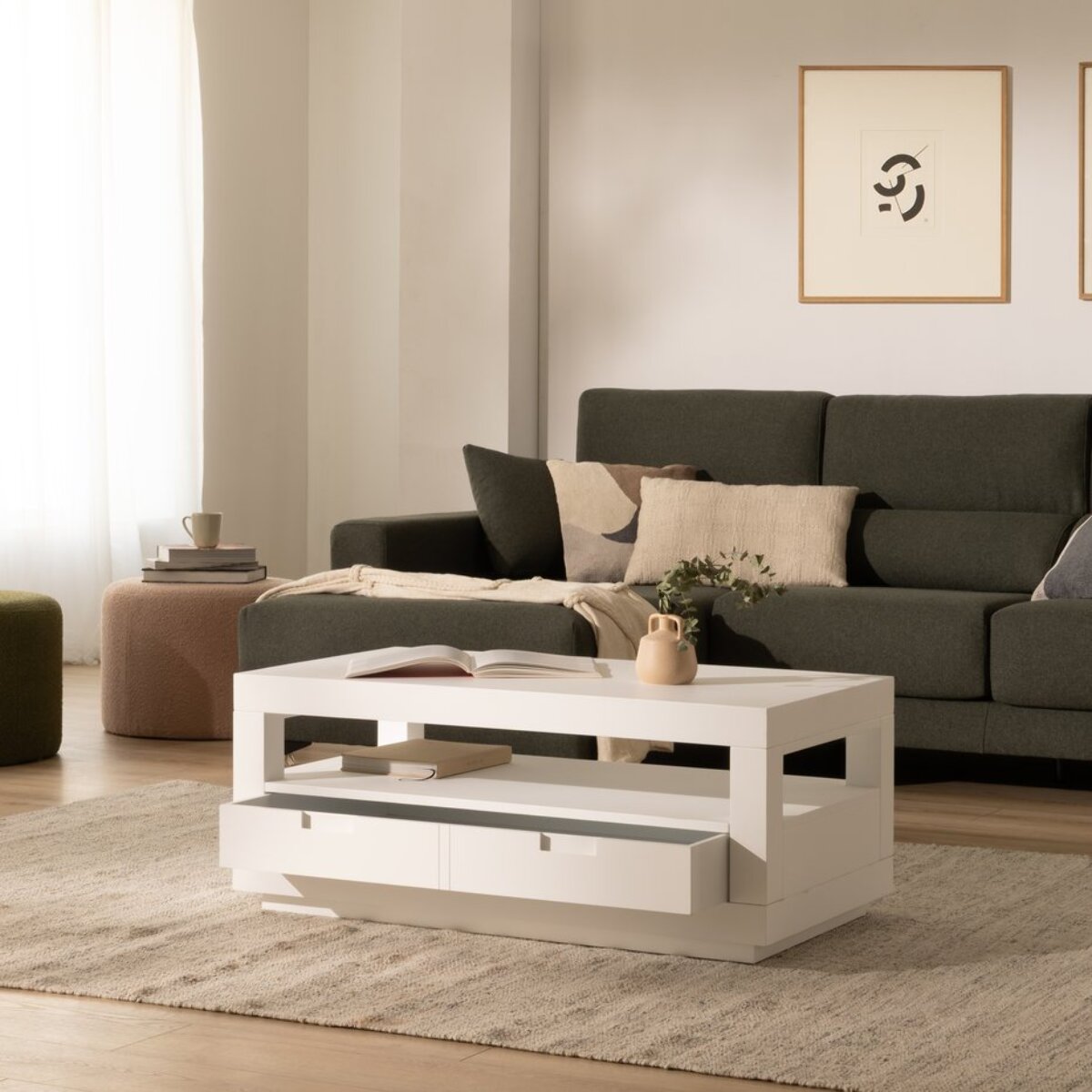 Table basse Sisal -bois massif et panneau de mdf-couleur laqué blanc mat 110 x 45 x 60 cm