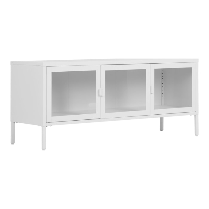 Mobile TV Brisbane con 3 ante in vetro, acciaio bianco 130×40×55 cm