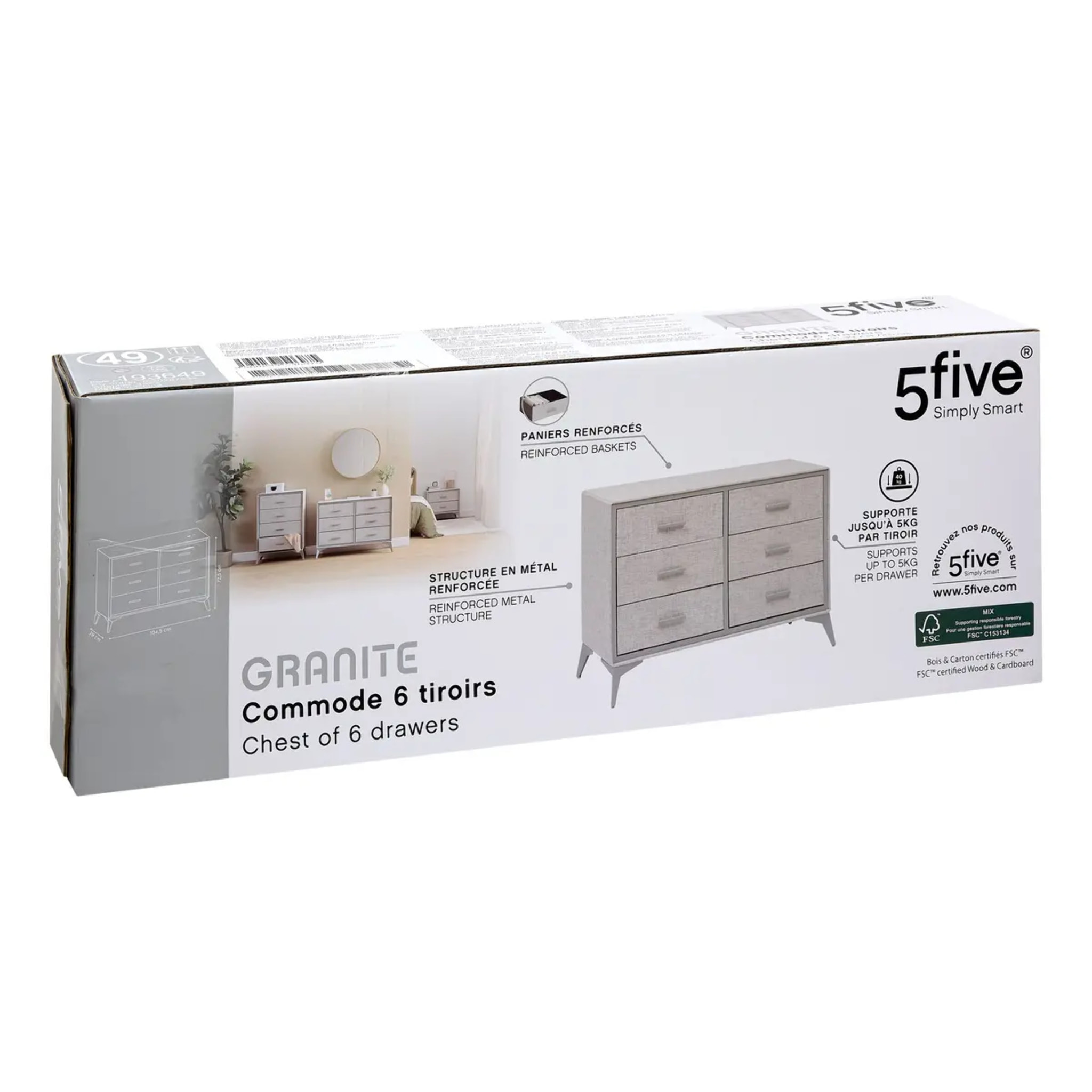 Commode 6 tiroirs Granite gris