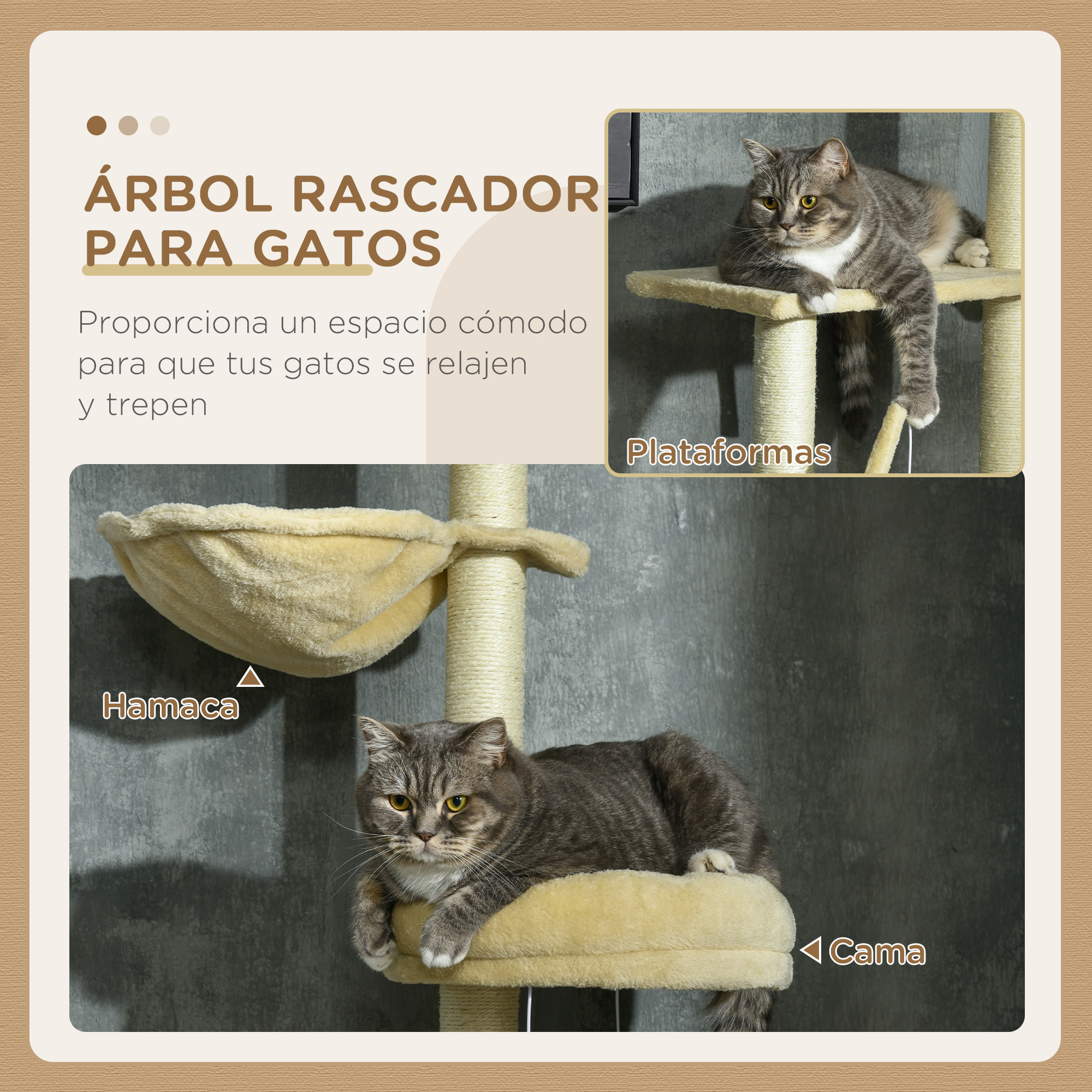 Árbol para Gatos de Suelo a Techo de 230-250 cm Árbol Rascador para Gatos con Altura Ajustable Múltiples Plataformas Cestos Hamaca Bolas Colgantes Beige