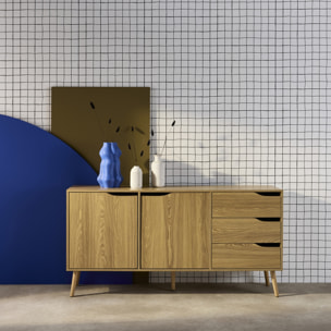 Buffet de rangement scandinave. buffet haut. vaisselier. 2 portes. 3 tiroirs. effet frêne. 160cm