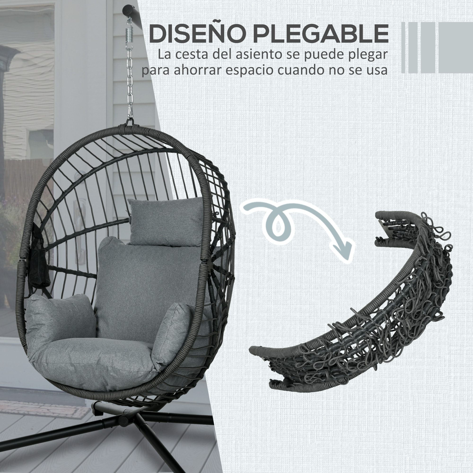 Silla Colgante Huevo con Soporte Columpio Jardín Exterior con Cesta Plegable Cojín y Reposacabezas Columpio Colgante para Interior y Exterior Carga 120 kg Gris