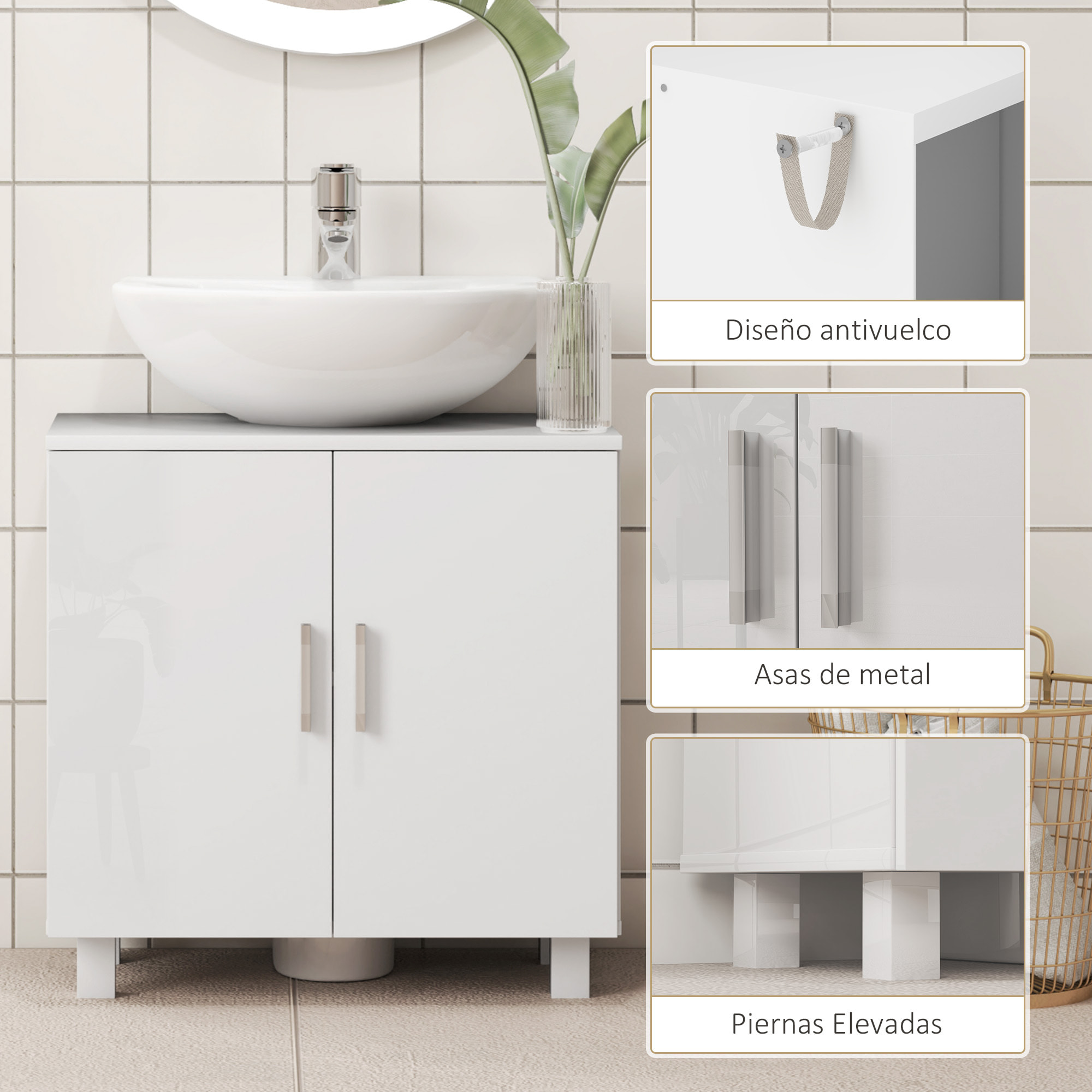 Mueble para Debajo del Lavabo Mueble bajo Lavabo Mueble de Lavabo con Pie con 2 Puertas 2 Estantes y Sistema Antivuelco para Cuarto Baño 60x35x60 cm Blanco