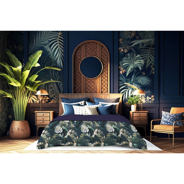 TRAPUNTA INVERNALE VELLUTO LETTO MATRIMONIALE DIS.FOGLIE BLU 350 GR/MQ MADE IN ITALY