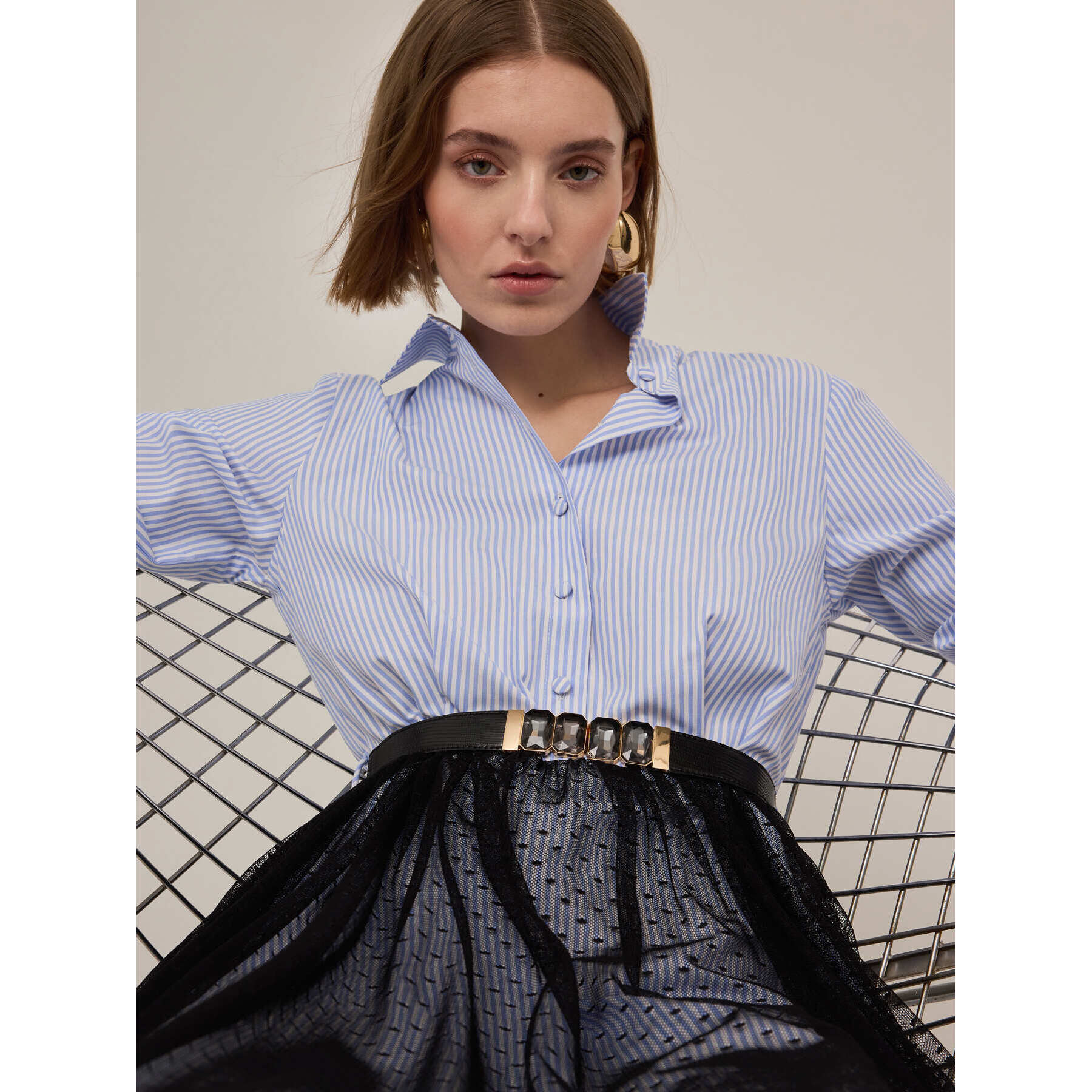 Motivi - Vestido camisero con falda de tul plumeti - Light - blue