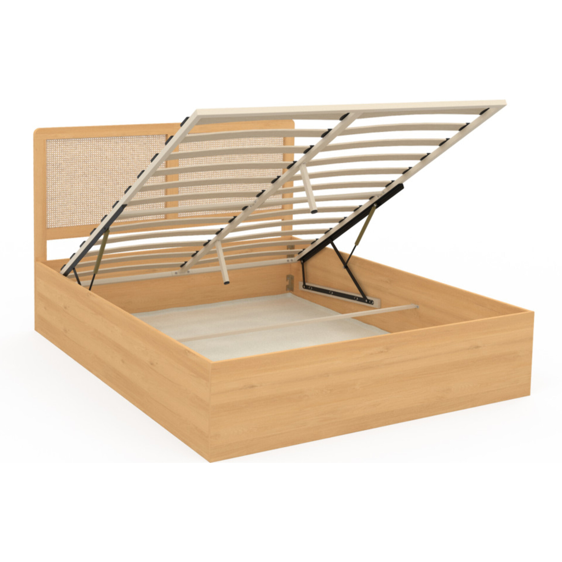 Lit coffre Eve avec sommier et tête de lit en cannage - Bois