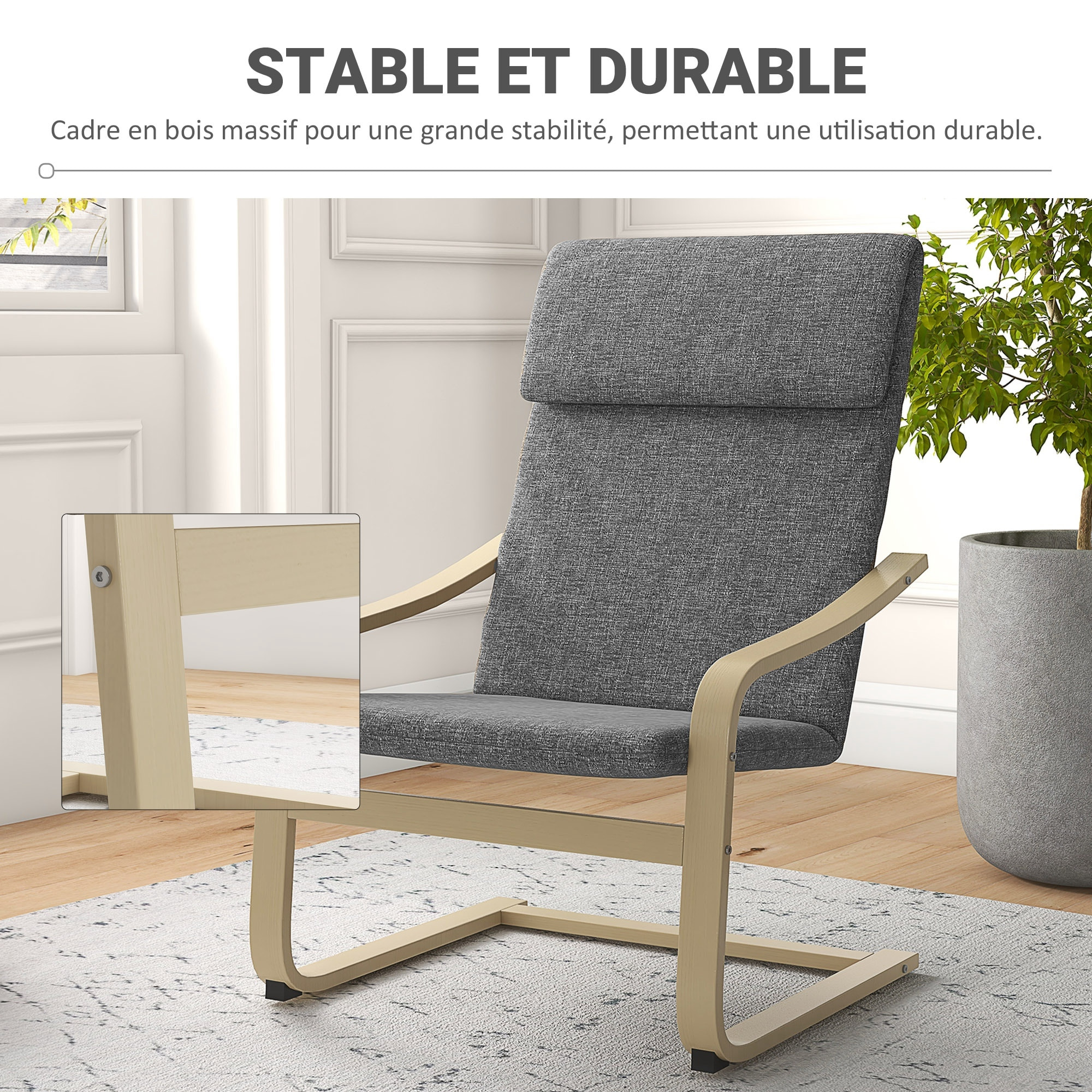 Fauteuil de salon, fauteuil chambre avec accoudoirs incurvés, coussin, chaise de salon en tissu aspect lin, 65 x 79 x 98 cm, gris