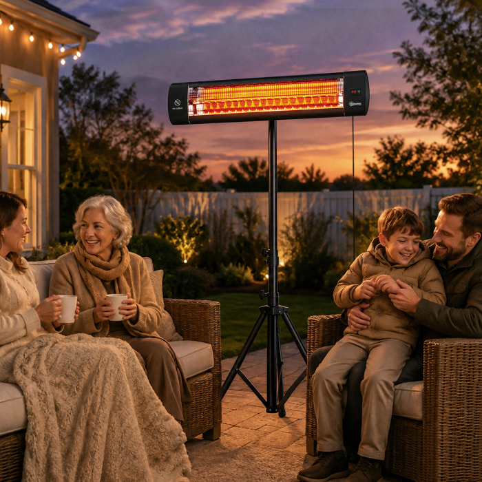 Calefactor por Infrarrojos para Terraza 2500 W, Estufa Exterior Eléctrica de Pie de Aluminio con IP65, Trípode Regulable, 3 Niveles de Calor, Control Táctil/Remoto, Temporizador 24 H