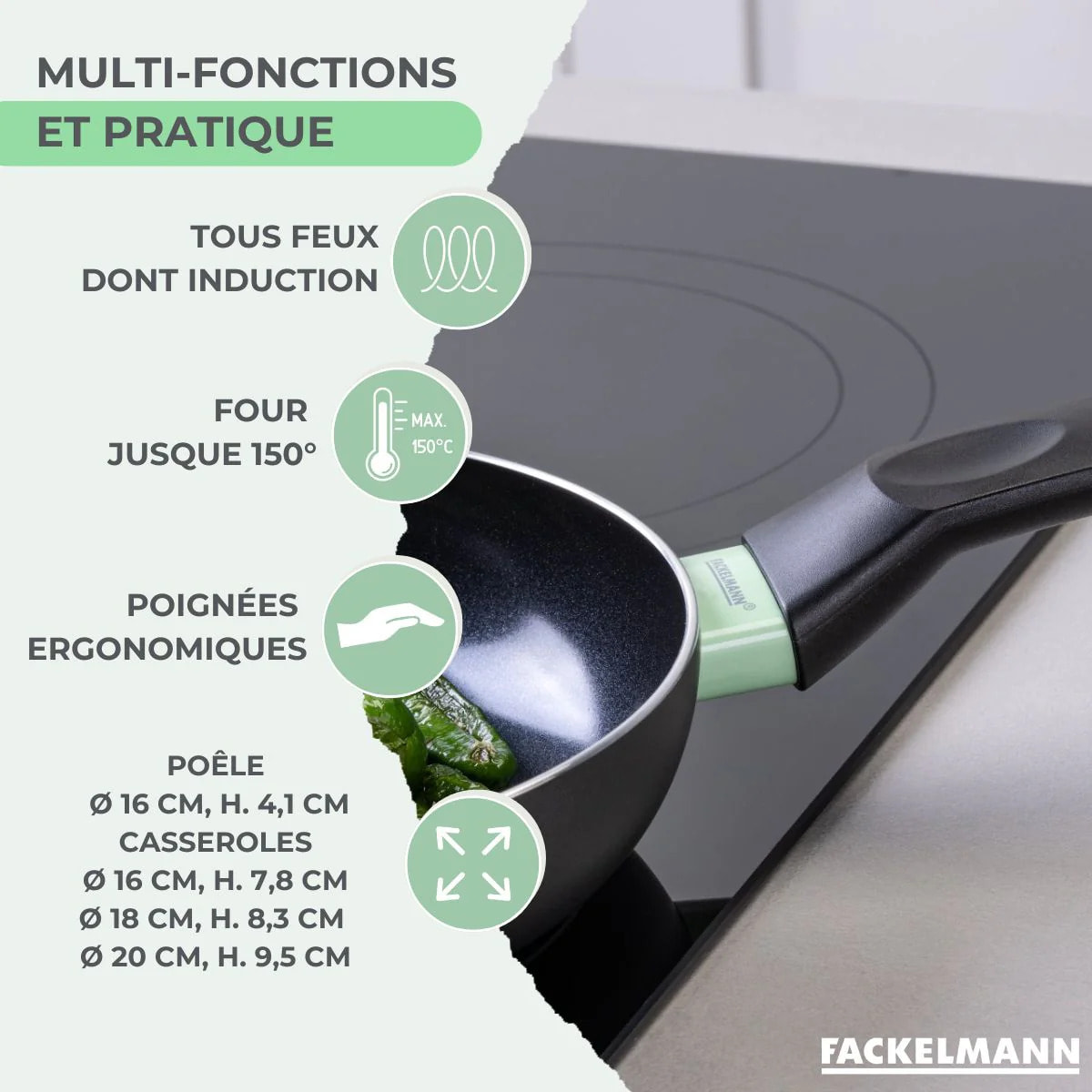 Set de 1 poêle 16 cm, 3 casseroles antiadhésives céramique 16, 18 et 20 cm et 6 ustensiles Fackelmann Brandao